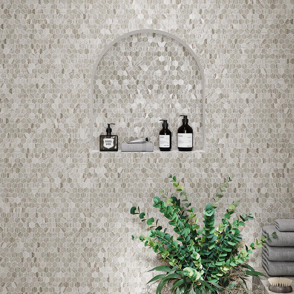 1 Inch Wooden Beige Hexagon Marble Mosaic Tile - Image 3