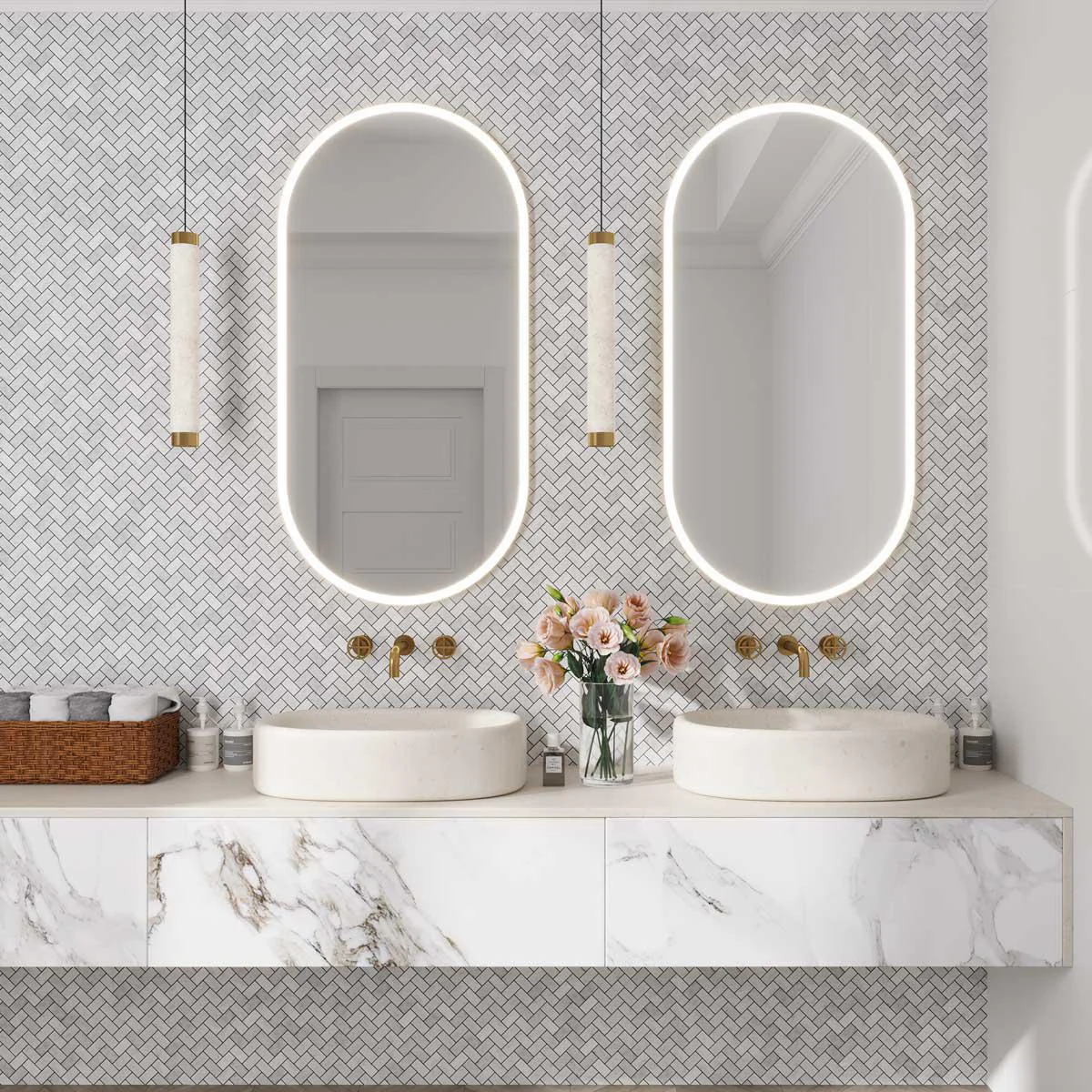 1X2 White Carrara Marble Herringbone Polished Marble Mosaic Tile - Image 4