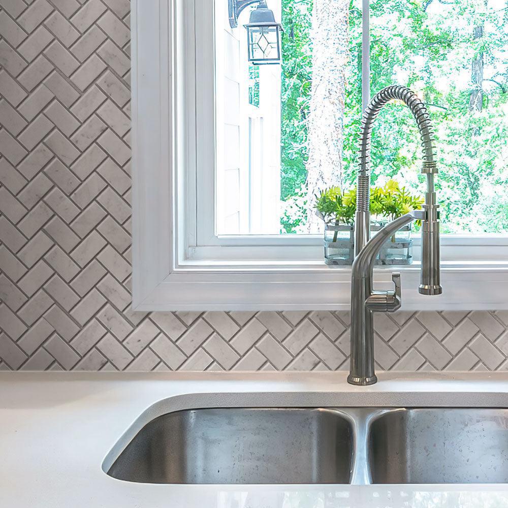 1X2 White Carrara Marble Herringbone Polished Marble Mosaic Tile - Image 6