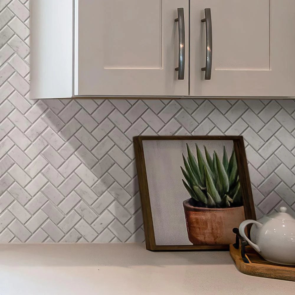 1X2 White Carrara Marble Herringbone Polished Marble Mosaic Tile - Image 7