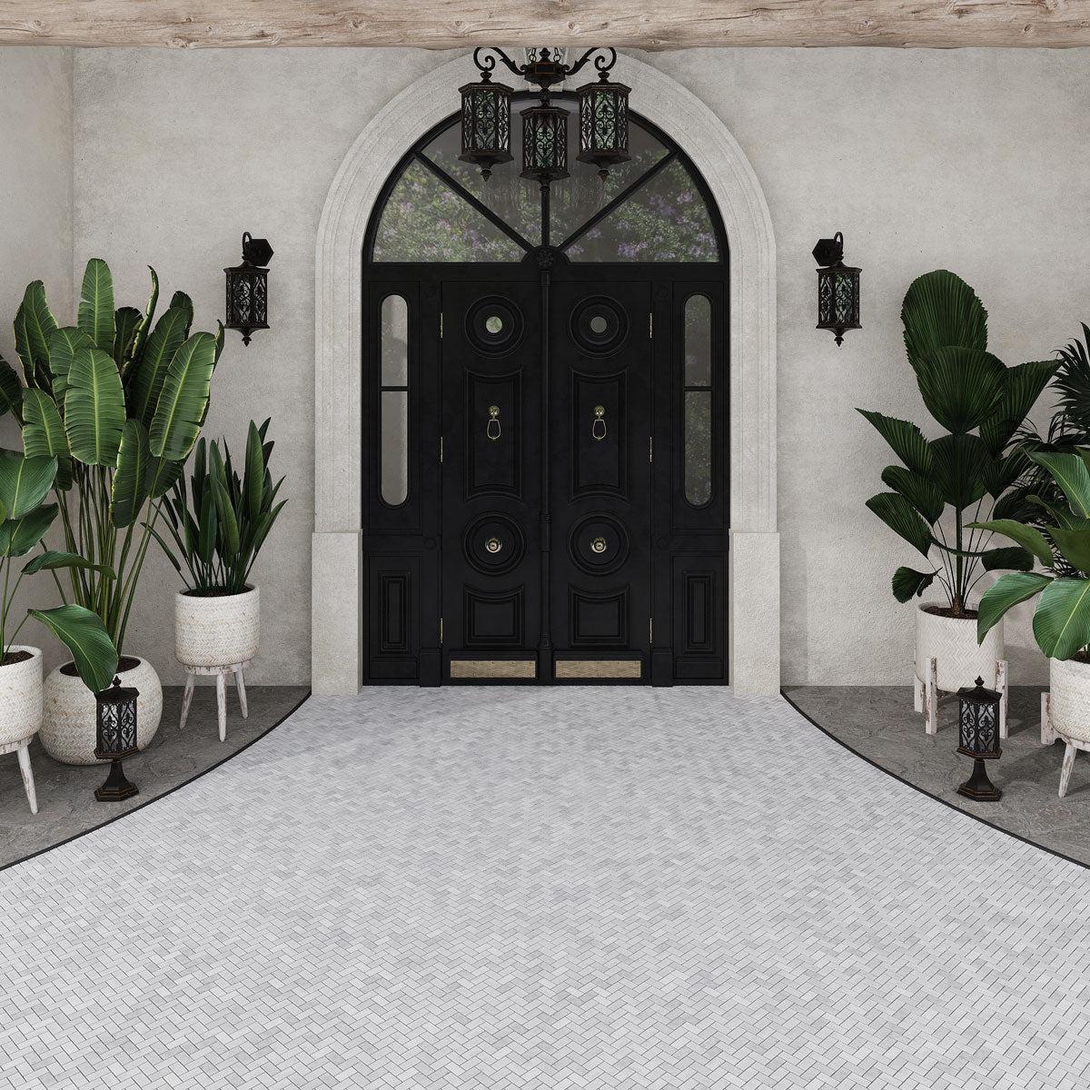 1X2 White Carrara Marble Herringbone Polished Marble Mosaic Tile - Image 8