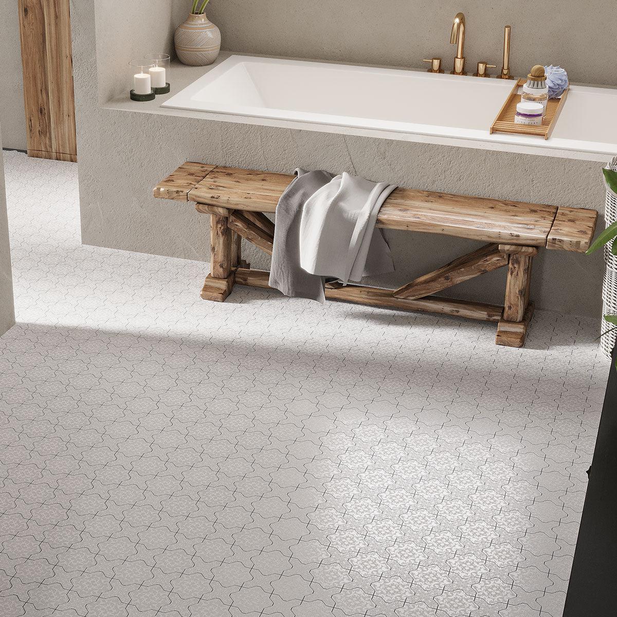 Babylon White Star & Cross Etched Marble Mosaic Tile - Image 4