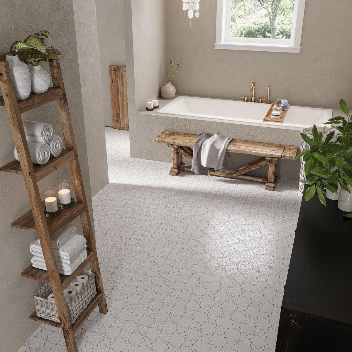 Babylon White Star & Cross Etched Marble Mosaic Tile - Image 5