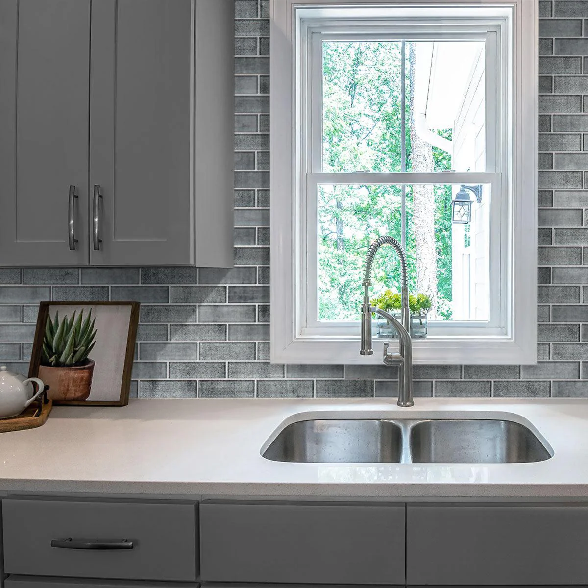 Grey Fabric Glass Subway Mosaic Tile - Image 4