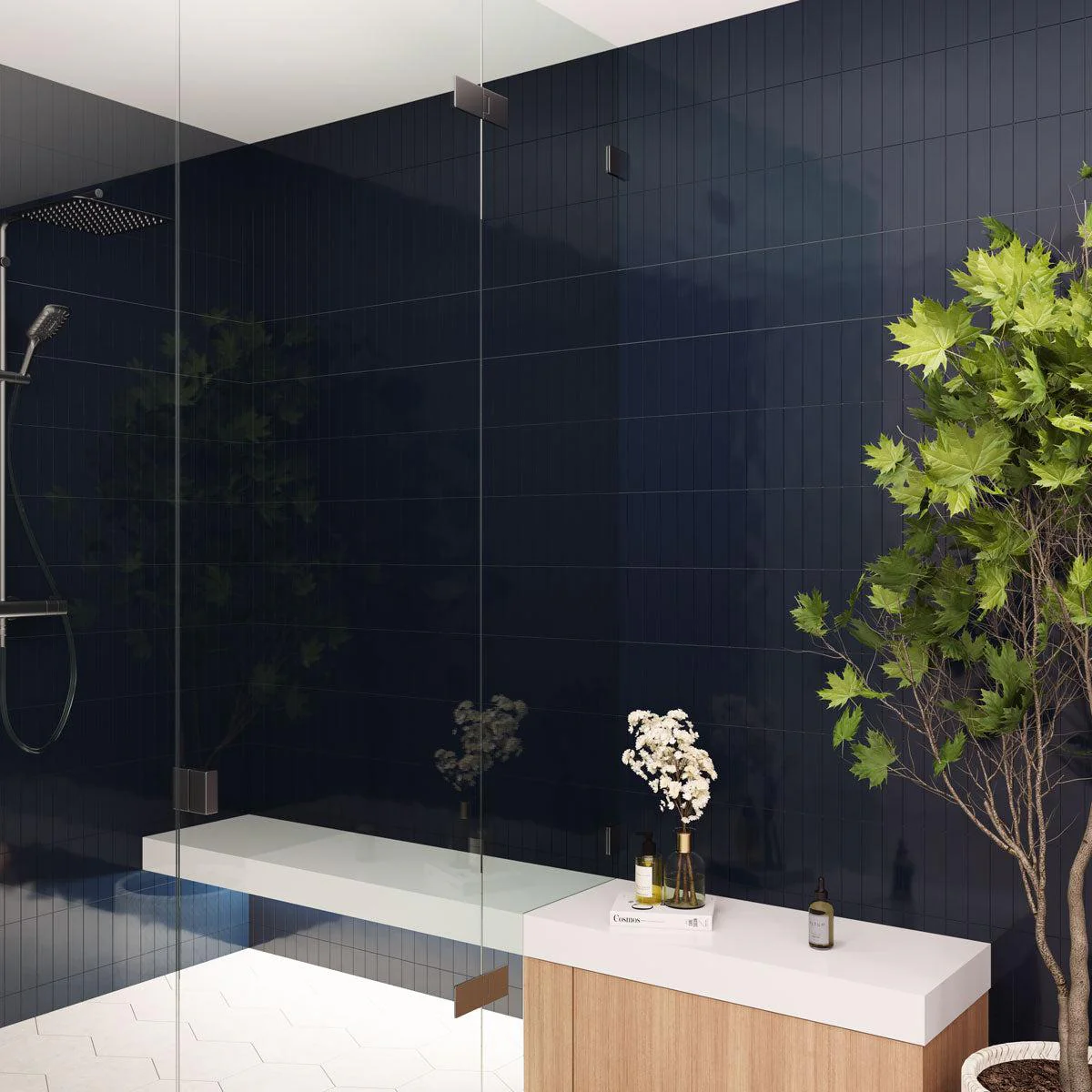 Groove Navy Gloss Ceramic Subway Tile - Image 12