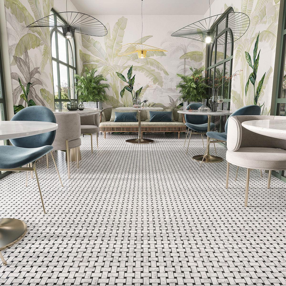 Large Carrara Basket Weave Tile with Black Dots - Image 3
