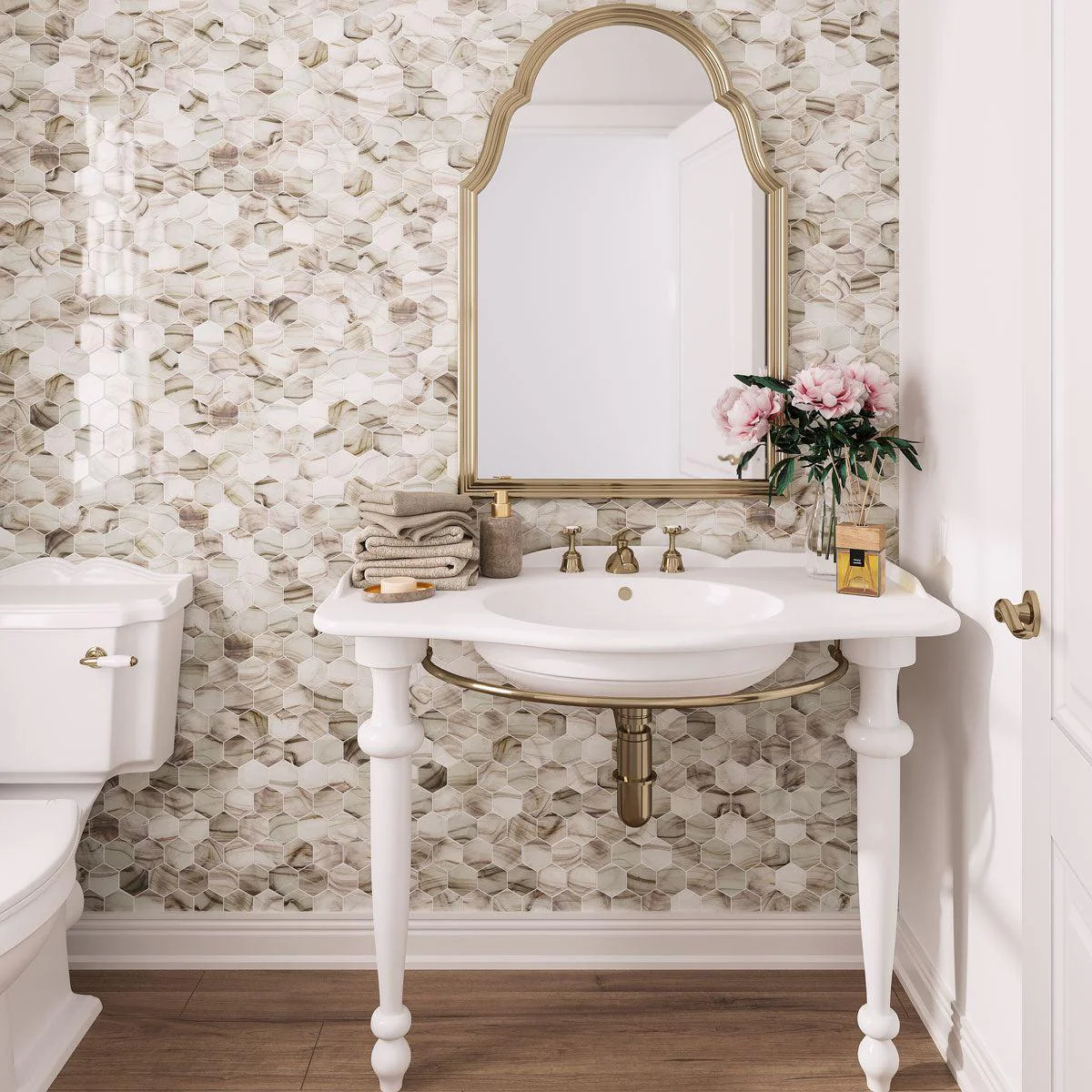 Sea Glass Hexagon Amber Mosaic Tile - Image 3