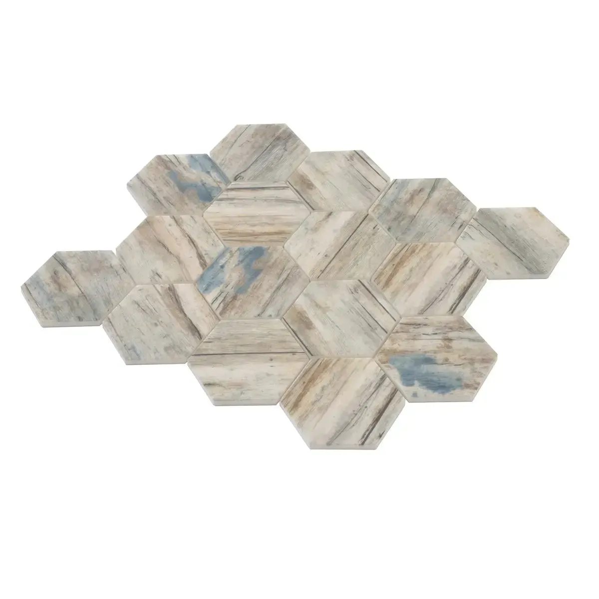 Recycled Glass Hexagon Mosaic In Blue Wood Color - Image 10