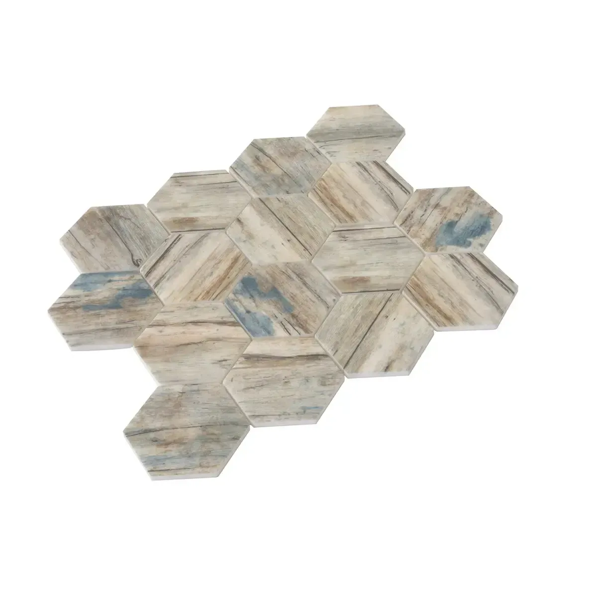 Recycled Glass Hexagon Mosaic In Blue Wood Color - Image 11