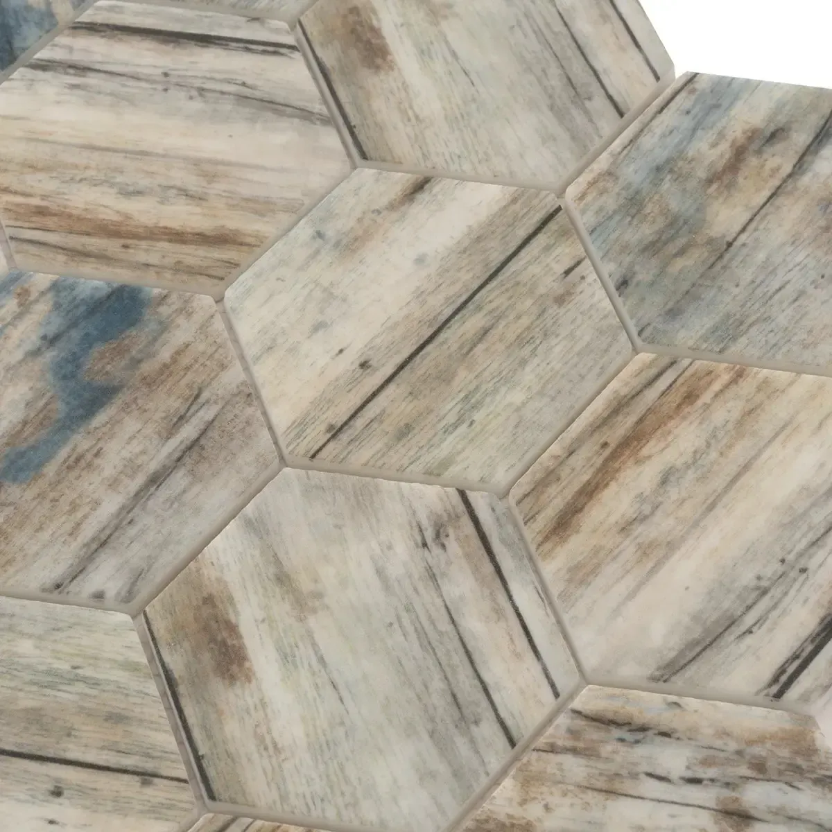 Recycled Glass Hexagon Mosaic In Blue Wood Color - Image 4