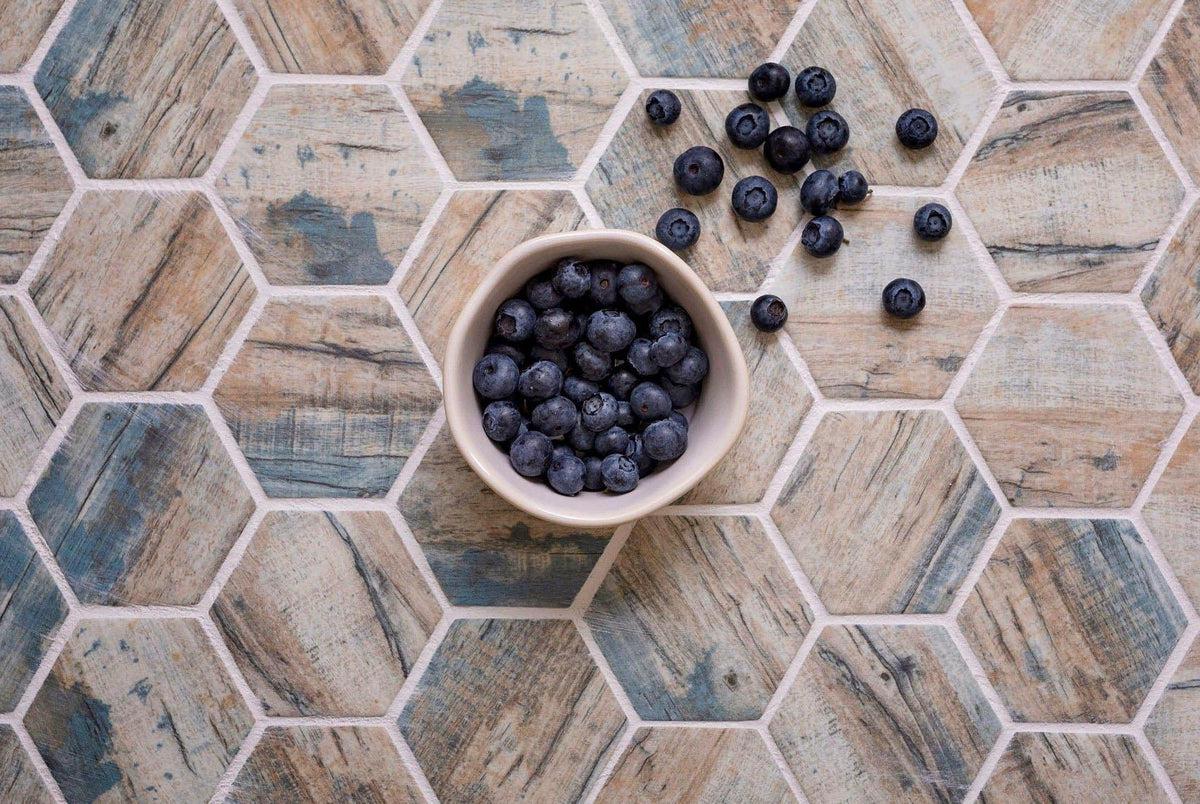 Recycled Glass Hexagon Mosaic In Blue Wood Color - Image 7