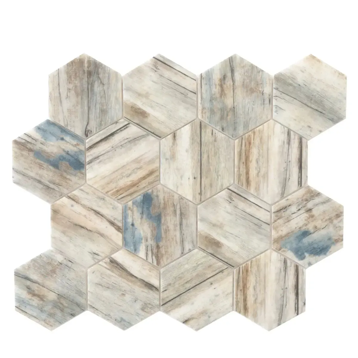 Recycled Glass Hexagon Mosaic In Blue Wood Color - Image 8