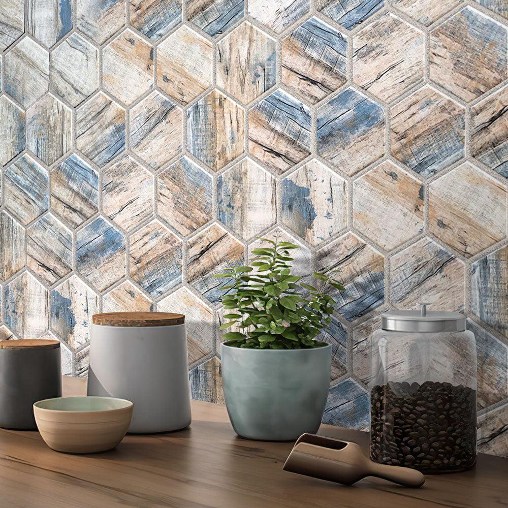 Recycled Glass Hexagon Mosaic In Blue Wood Color - Image 9