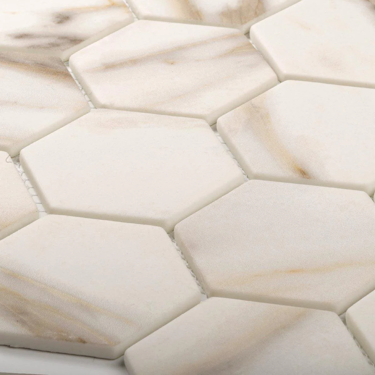 Recycled Glass Hexagon Mosaic In Calacatta Marble Color - Image 4