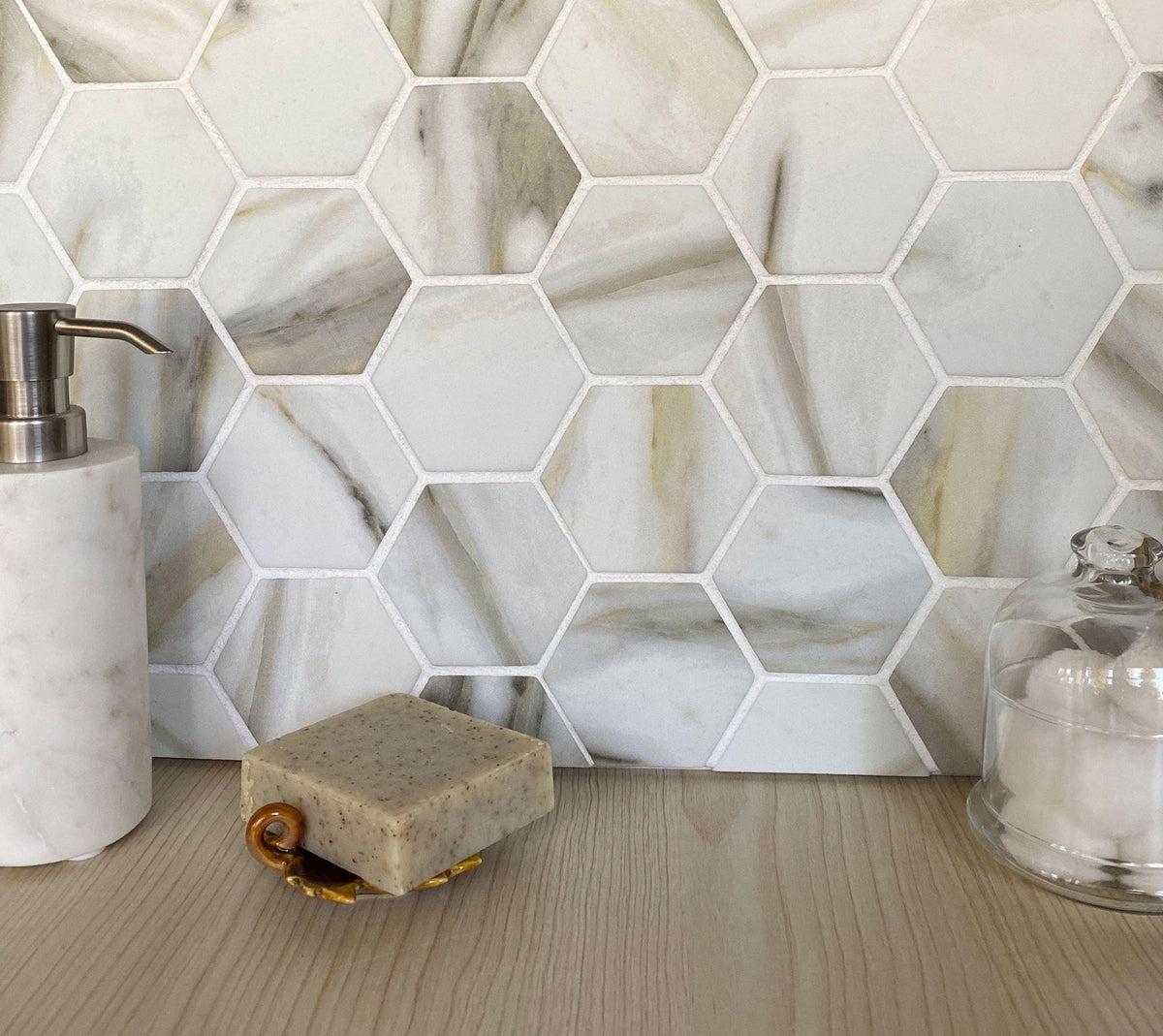 Recycled Glass Hexagon Mosaic In Calacatta Marble Color - Image 5