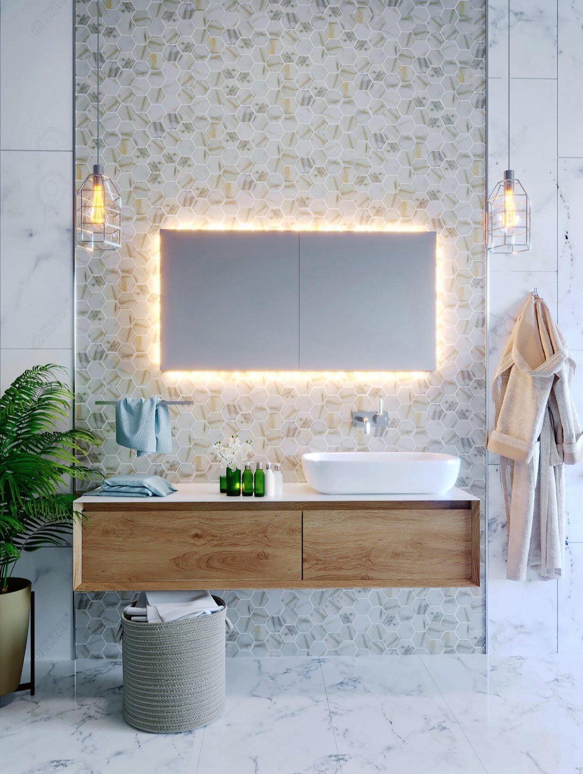 Recycled Glass Hexagon Mosaic In Calacatta Marble Color - Image 7