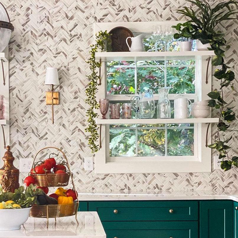 Recycled Glass Herringbone Mosaic In Calacatta Marble Color - Image 3