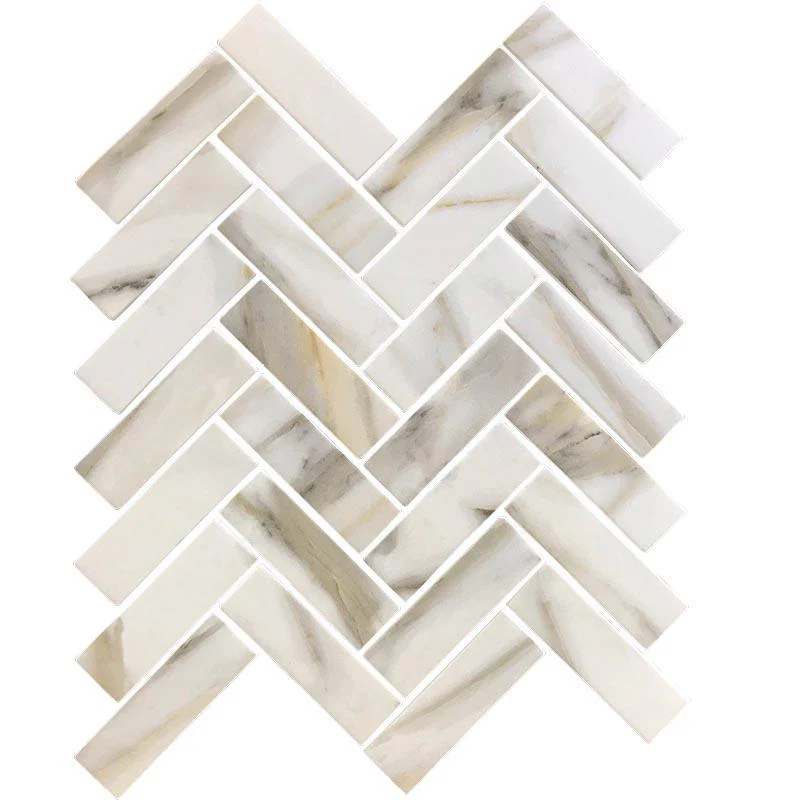 Recycled Glass Herringbone Mosaic In Calacatta Marble Color - Image 4