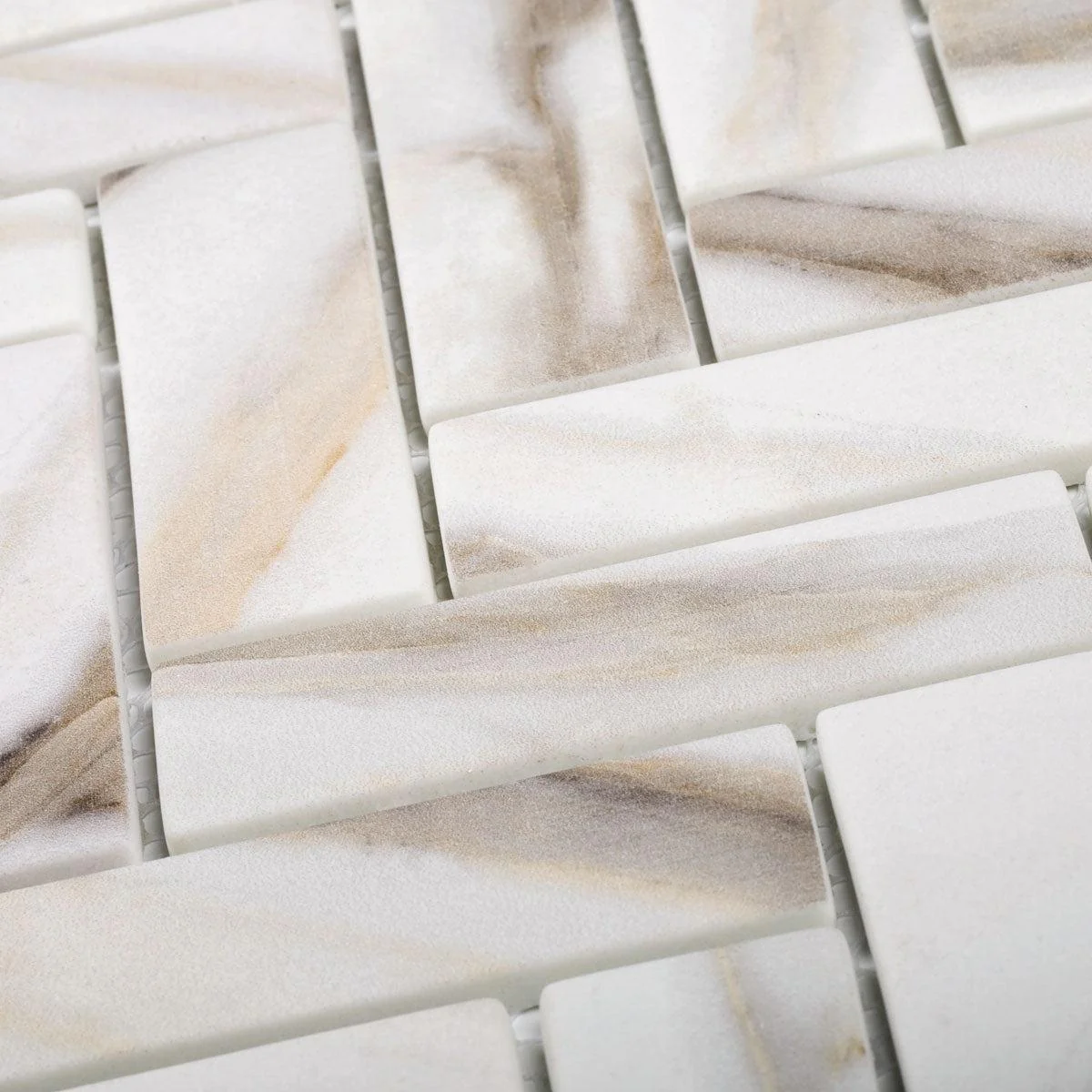 Recycled Glass Herringbone Mosaic In Calacatta Marble Color - Image 5