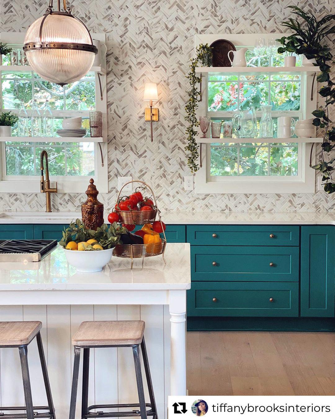 Recycled Glass Herringbone Mosaic In Calacatta Marble Color - Image 6