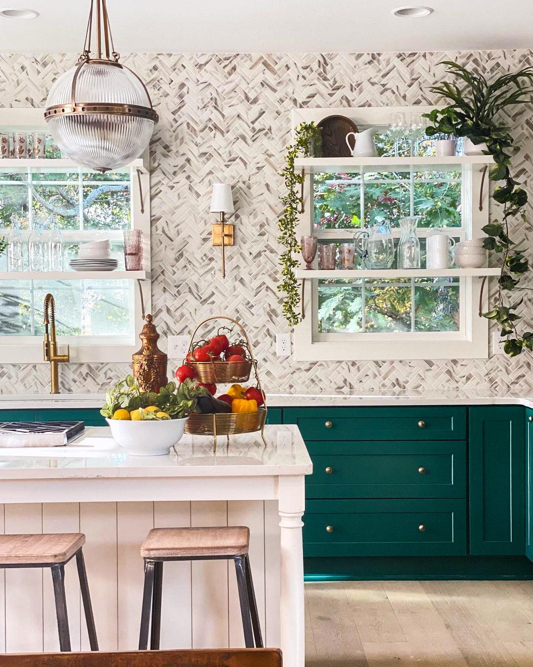 Recycled Glass Herringbone Mosaic In Calacatta Marble Color - Image 8