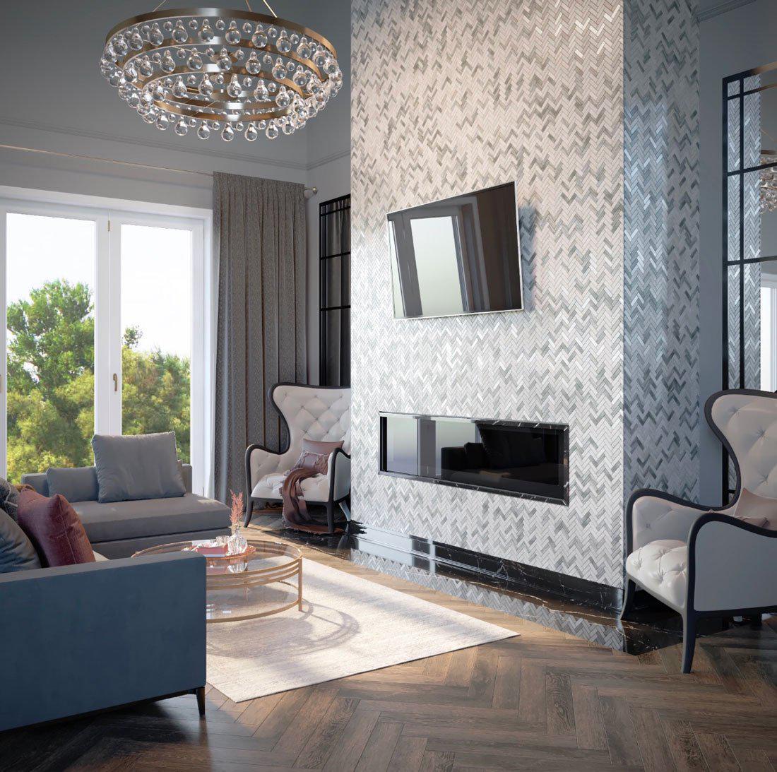 Recycled Glass Herringbone Mosaic In Grey Wood Color - Image 3