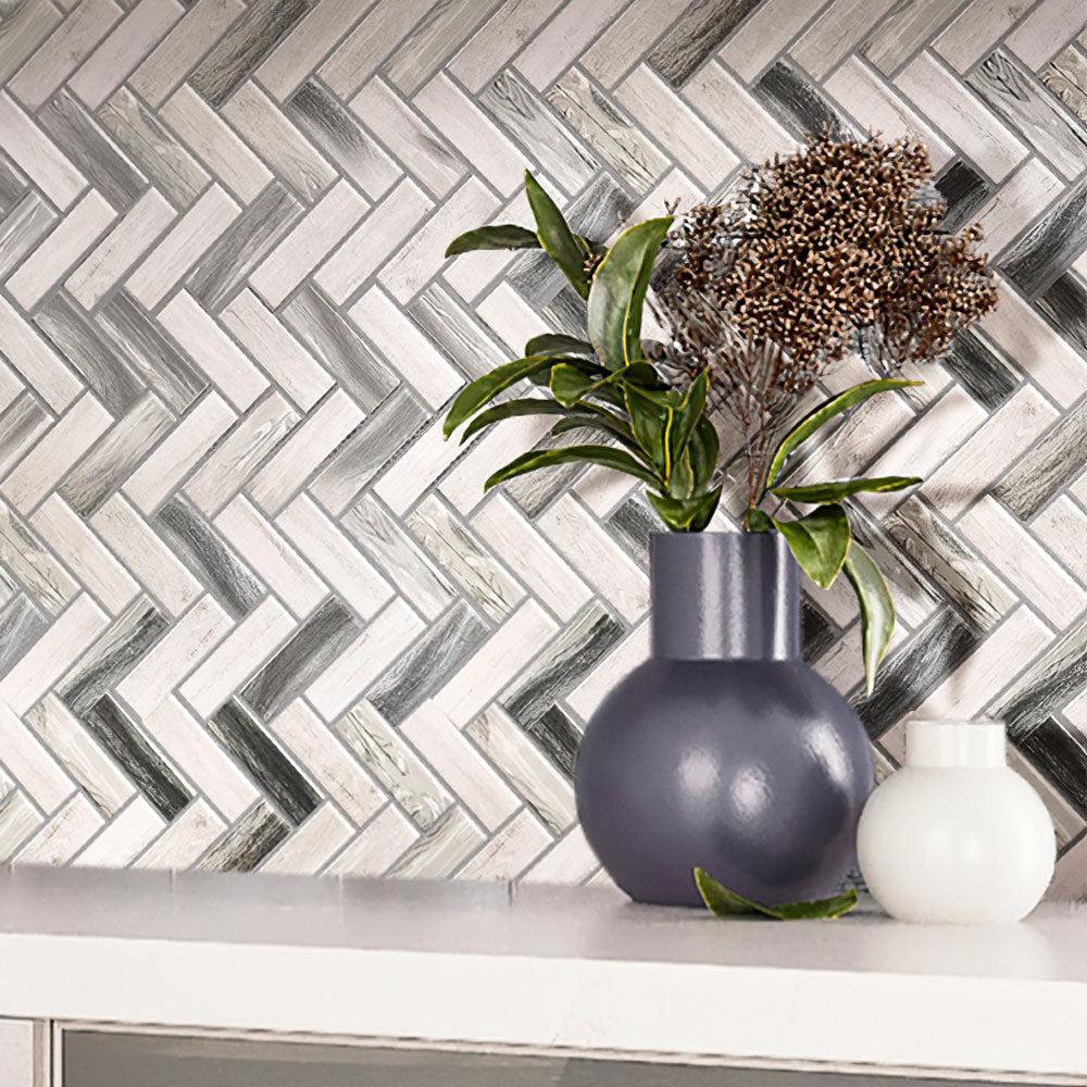 Recycled Glass Herringbone Mosaic In Grey Wood Color - Image 6