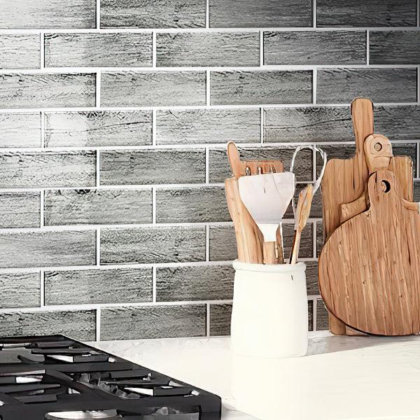 Silver Wooden Glass Subway Mosaic Tile - Image 9