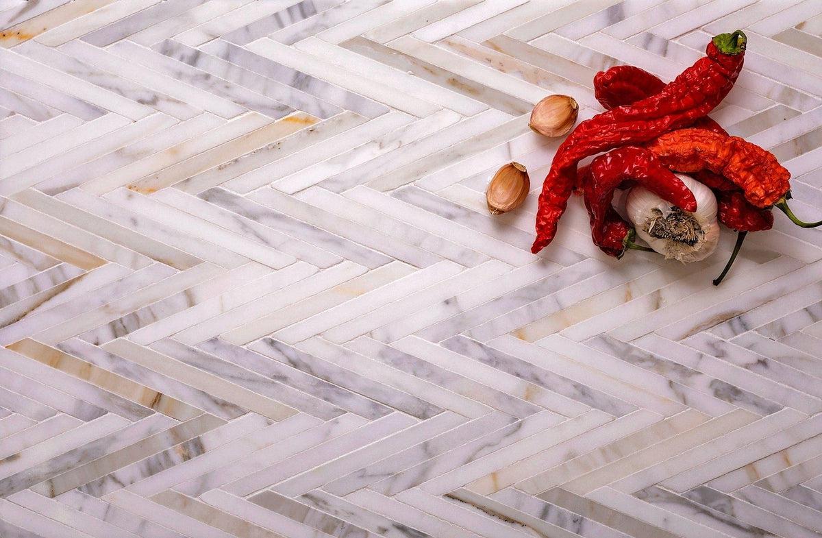 Skinny Chevron Calacatta Gold Mosaic Tile - Image 4